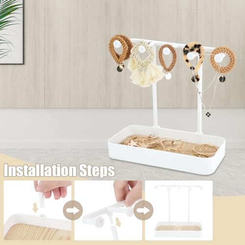 Jewelry Organizer Stand, Necklace Holder with Wooden Tray 5 Storage Hooks, Earring Holder with 5 Pcs Jewelry Bags for Bracelet,Chains,Rings,Earrings,Keys Watches,Necklaces (White) - color: White