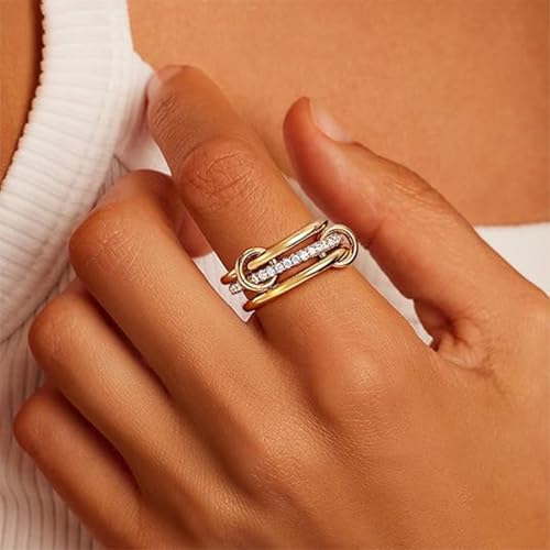 Gold/Silver Interlocked Rings For Women Dainty Stainless Steel Cubic Zirconia Stackable Statement Rings Two-toned Connected Bands Rings Non Tarnish (size 6-10) - color: CZ-Gold triple ring