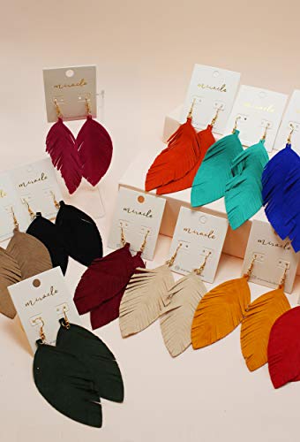 Large Genuine Soft Leather Handmade Fringe Feather Lightweight Tear Drop Dangle Color Earrings for Women Girls Fashion - color: Emerald