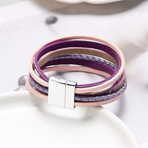 Fesciory Leather Wrap Bracelets for Women, Boho Leopard Multi-Layer Crystal Beads Cuff Bracelet Jewelry - color: Boho Braid(Pink)