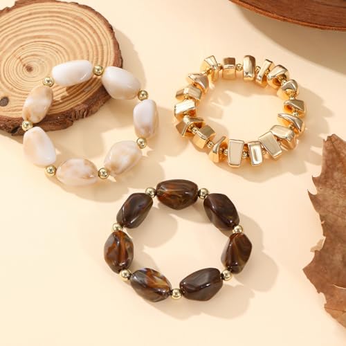 Gold Bracelet Stack For Women, 3Pcs Jade Vintage Chunky Stackable Stretch Boho Western Adjustable Bracelet Stacks Statement Dainty Tarnish Free Waterproof Jewelry Gift - color: Unique-Brown & White