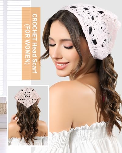 AWAYTR Crochet Head Scarf Hair Bandanas Women Knit Bandana Headband Scarf Tie-Back Head Coverings Floral Headscarf - color: Solid Color - Pink + Beige + Orange Pink