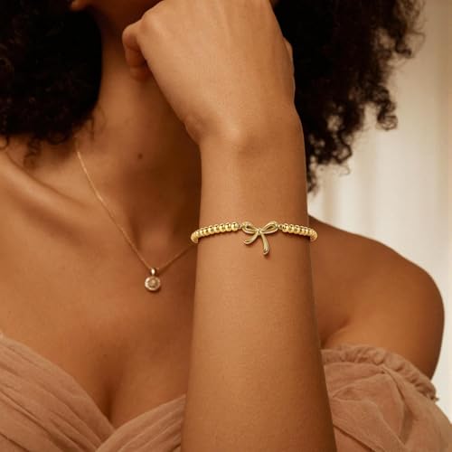 Elastic Beaded Charm Bracelets for Women - Adjustable Stackable Dainty Bracelet with Gold or Silver Charms, Jewelry Gift for Her - style: Gold-Bow