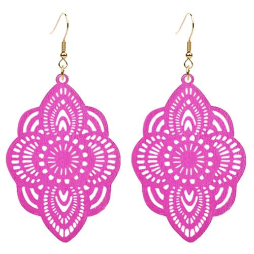 Bohemian Wood Earrings Natural Retro Lightweight Hollow Pattern Geometric Wooden Dangle Drop Earrings Statement Vintage Jewelry - color: Rose Pink Earrings