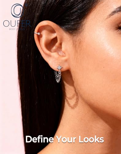 OUFER 16G Chain Cartilage Piercing Jewelry-316L Surgical Steel Gold Flat Back Push Pin Helix Earring, Star Clear CZ Double Chain Lobe Piercing Jewelry - style: Star-Silver