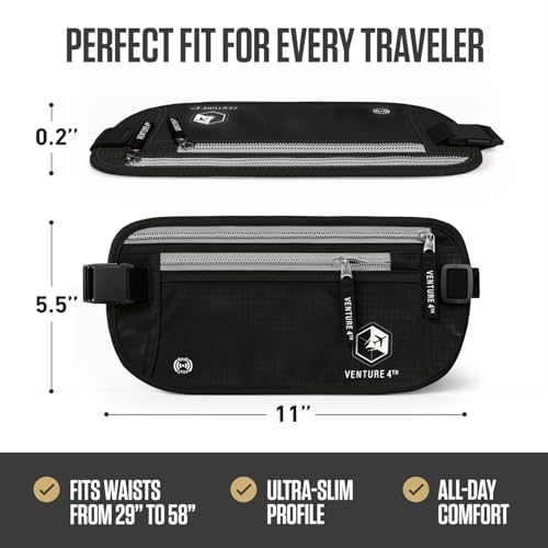 VENTURE 4TH Money Belt for Travel – Slim Hidden Under-Clothes RFID Blocking Anti-Theft Passport Holder & Travel Wallet Pouch for Men & Women to Protect Cash, Cards & Documents (Black) - color: Black
