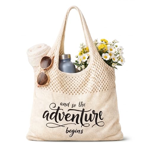 Shinylin Personalized Crochet Tote Bag for Beach Women Beige Mesh Knit Shoulder Bag Boho Aesthetic Tote for Women - style: Adventure