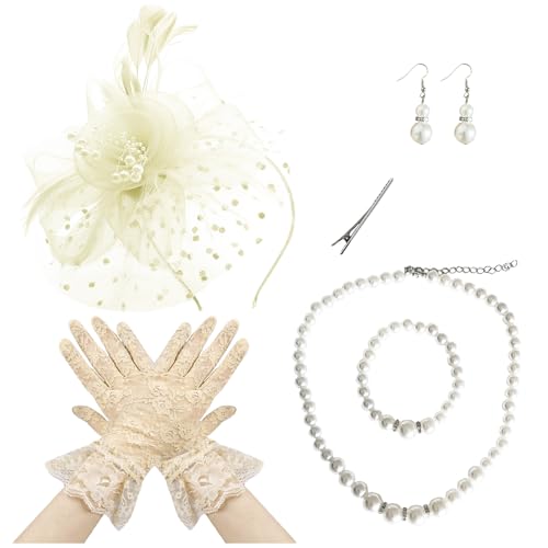 Fascinators Hat Pearl Earrings Necklace Bracelets Gloves 1920s Headband Hair Clips Women Flower Mesh Feather Headpiece Headwear Halloween Carnival Cocktail Wedding Tea Party Accessories Beige - color: Beige