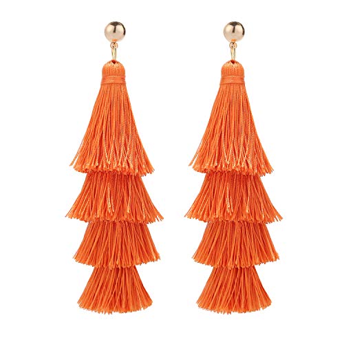 BaubleStar Tassel Earrings Handmade Tiered Thread Tassel Dangle Earrings, Multi Colors - color: Russet Orange