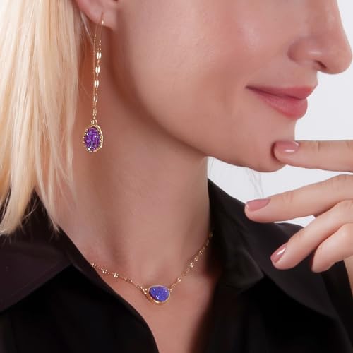 Simulated Druzy Threader Earrings for Women - Gold, Silver, or Rose Gold Tone Long Chain Earrings with Boho Created Geode Stone - color: Gold - Purple Stone