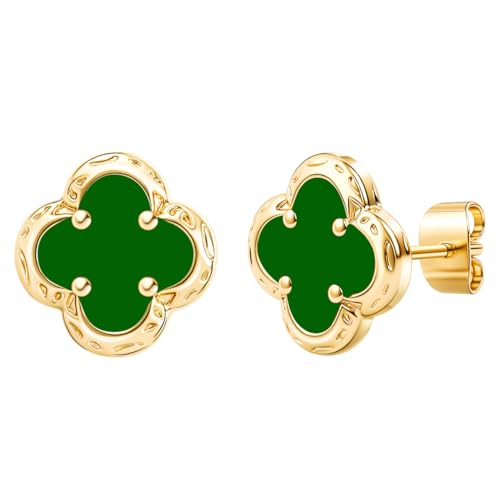 Elegant Black Onyx Clover Stud Earrings, 14K Gold Plated Four Leaf Hypoallergeinc Stud Stainless Steel Flower Earring Lucky Simple Jewelry Gift for Women Shiny Multiple Onyx Colors - color: Green Clover Stud Earrings