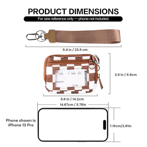 Wristlet Wallet for Women Mini Zip Card Case with Clear ID Window Zipper Coin Purse Lightweight Portable Keychain Wallet - color: Brown Lattice