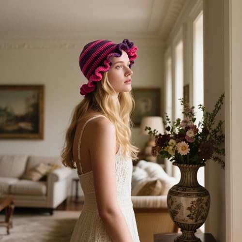 Handmade Crochet Bucket Hat for Women Boho Chic Slouchy Design Colorblock Ruffled Brim Festival&Daily Crochet Hat - color: Purple Rose Red Stripe