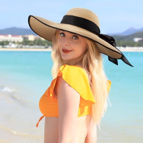Beach Hats for Women - Beach Hat Womens UPF 50+, Packable Sun Hat Women Roll Up, Wide Brim Straw Hat for Women - color: Khaki