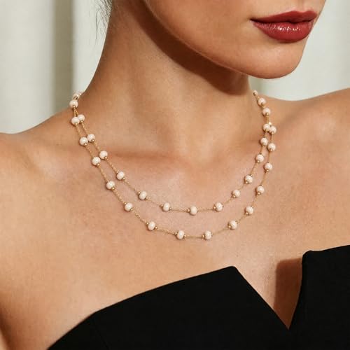 KissYan Long Necklaces for Women, 14K Gold Plated Beaded Gemstone Turquoise Boho Layered Choker, Natural Stone Handmade Sweater Fashion Jewelry Gifts - style: White Fossil Stone