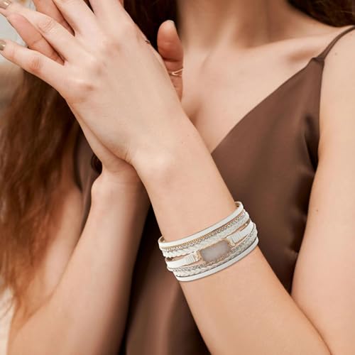 Long tiantian Leather Wrap Bracelets Boho Bracelets for Women Rhinestone Leather Bangles Boho Western Outfit Accessories Jewelry Gifts - color: white