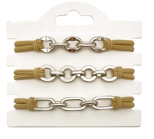 Hair Tie Bracelets for Women, 3Pcs Cute Elastic Hair Ties Ponytail Holders with Silver Jewelry Strenchy Bronde Scrunchies Hair Ties No Damage For Girls Womens Gifts (Khaqi with Silver) - color: Khaqi -04