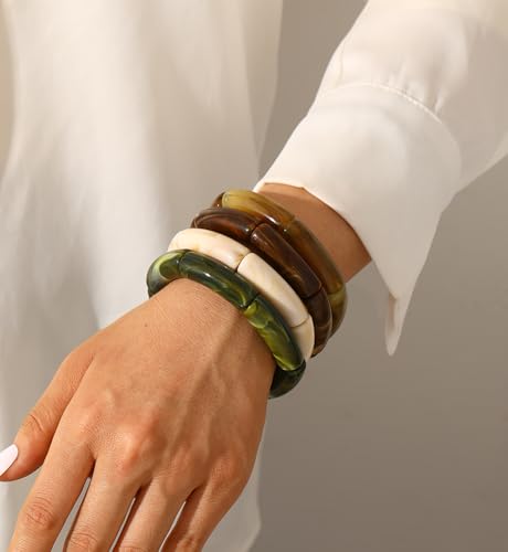 iF YOU 6pcs Chunky Acrylic Bangle Bracelets for Women, Resin Bamboo Brown Stretchy Bracelet Stack, Fashion Jewelry for Women - color: 4pcs-green & brown bracelets