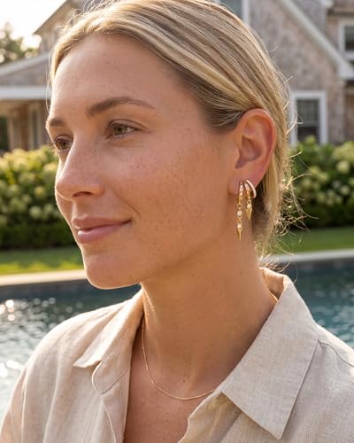 MUMREUES Gold Earrings for Women Trendy 14K Gold Plated Dangle Earrings Small Hoop Huggie Drop Stud Earrings Cubic Zirconia Simple Minimalist Dainty Chain Tassel Hypoallergenic Earrings - color: CZ Tassel & Gold