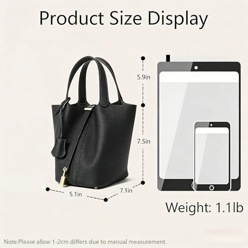 Genuine Leather Bucket Bag for Women: Lock Design Shoulder Handbag Versatile Top-Handle Tote Fashionable Vegetable Basket - color: Black