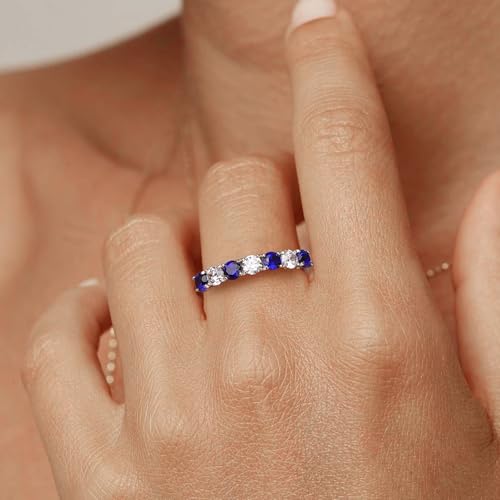 3.5mm Stackable Rings S925 Sterling Silver Created Birthstone & Cubic Zirconia Ring for Women Wedding Bands Anniversary Birthday Jewelry Size 6 to 10(with Box) - color: 09-Created Sapphire & CZ-Sep