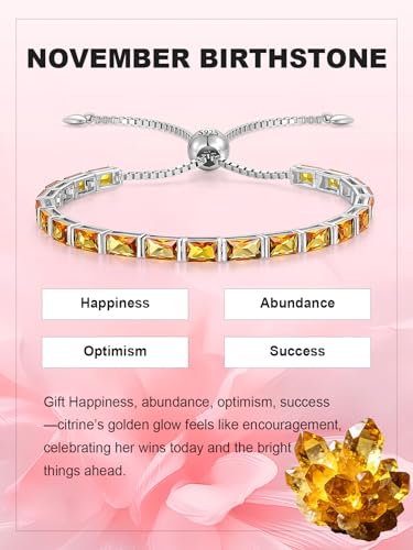 Radiant Cut Birthstone Tennis Bracelets for Women, Adjustable 6–9 Inches White Gold Plated Sterling Silver Bracelet, Hypoallergenic Anniversary Birthday Valentine’s Day Gift for Her - color: 11-Citrine