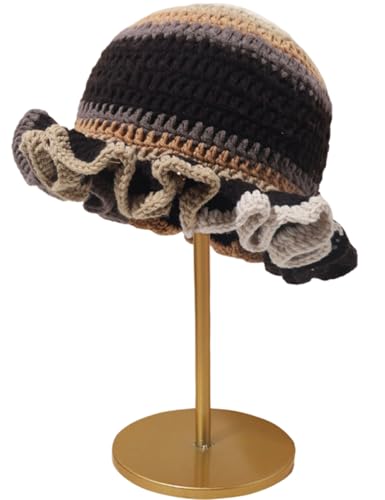 KORADI Womens Crochet Bucket Hat Ruffled Brim Knitted Hats Winter Boho Handmade Caps - color: Coffee