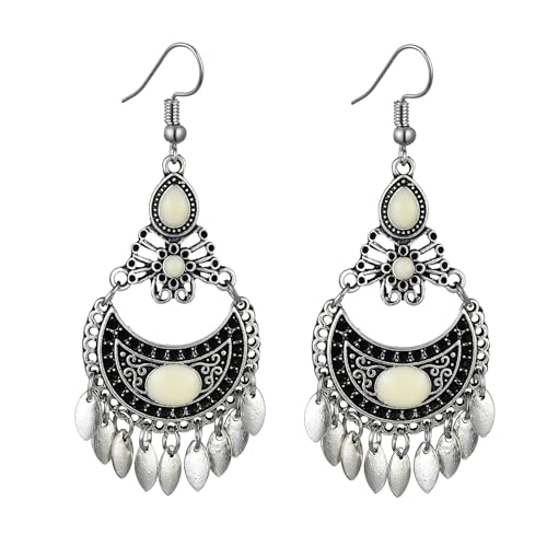 Vintage Boho Statement Drop Dangle Earrings for Women Bohemian Ethnic Handmade Beaded Charms Earring Bohemian Retro Chandelier Tassel Earrings Mexico Gypsy Jewelry Gift - color: Chandelier Earrings White