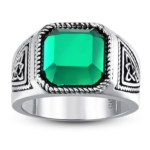 7ct Vintage Teal Turquoise|Emerald|Black Onyx Ring for Men 925 Sterling Silver Men Rings 11mm Square-Cut Mens Cocktail Rings Celtic Pattern Band for Dad Father Size 7-12 - color: Y-Customizable Name-Irish Celtic Knot-Simulated Emerald