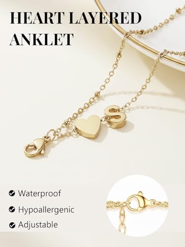 Silvora Ankle Bracelets for Women Waterproof 14K Gold/Silver/Black Initial Anklet for Women Dainty Layered Heart Ankle Bracelets Stainless Steel Adjustable Foot Chain Anklet Summer Beach Jewelry - color: Gold-14K Gold Plated, size: 12.L