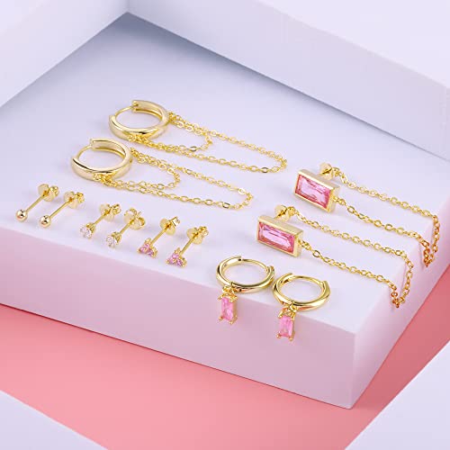 BOUTIQUELOVIN 14K Gold Stud Earrings Set for Women, for Multiple Piercing Silver Plated Studs Earrings and Zirconia Earring Set Small Huggie Hoop Chain Earing - color: 6Pairs Pink