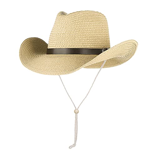 Wide Brim Straw Cowboy Hat for Men Women Western Cowgirl Sun Hat Packable UPF 50+ Beach Cap Shapeable Fedora Panama Cap - color: Beige