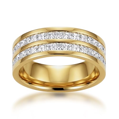Channel Set Cubic Zirconia Eternity Band Rings for Women Men | 18k Gold Plated Cubic Zirconia,Minimalist Non Tarnish Hypoallergenic Wedding Band Stackable Ring - color: Gold-8mm