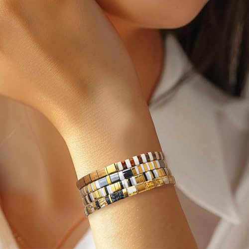 Sonateomber Tila Flat Beaded Stretch Bracelets for Women, Trendy Unique Colorful Square Beads Handmade Stack Bracelet Friendship Accessories Fashion Jewelry Gift - color: Brown Yellow