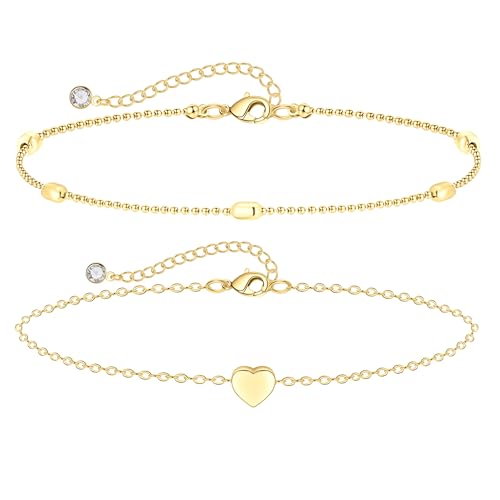 MIDEEO Gold/Silver Ankle Bracelets for Women,14K Gold Anklets for Women Waterproof Cuban Link Heart Beads Herringbone Rhinestone Anklets Set Layered Anklet Bracelets for Women Gold Jewelry Gift - style: 2 Layers Anklet C-Gold