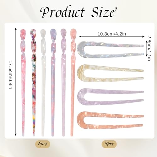 10 PCS Acetate Hair Sticks Set, 6 PC Acetate Hair Chopsticks and 4 PC U-Shaped French Hairs Forks Tortoise Shell Haipin Retro Chinese Hairpins Vintage Hairstyle Accessories for Women Girls Updos Buns