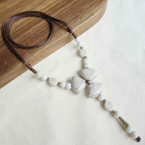 Boho Style Colorful Ceramic Bead Strand Necklace Adjustable Bohemian Jewelry Gift for Women, Fashion Clothing Matching Necklace - color: Beige White