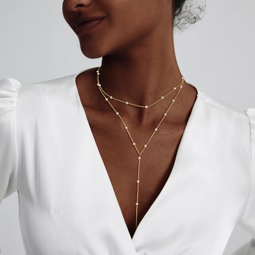 Luxval Lariat Silver Necklace for Women, Dainty Long Necklace Silver Y-Shaped Pendant Necklaces Trendy Beaded Chain Drop Necklaces Jewelry for Women Gifts - color: Gold-Y Pearl Necklace