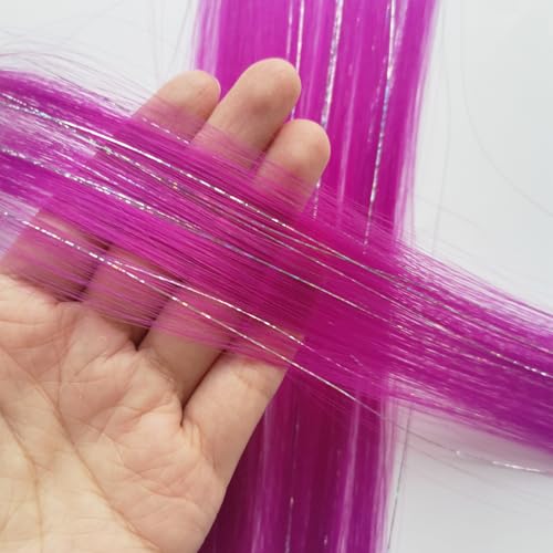 12pcs Clip in Pink Purple Hair Extensions, 22 Inch Rainbow Hair with Silver Tinsels,Colorful Holiday Party Highlights for Women - color: Rose Purple
