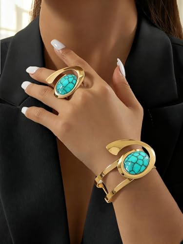 Boho Open Bracelet Ring Set for Women Black and Gold Jewelry Set Oval Cuff Bracelet Adjustable Ring Vintage Jewelry - style: Turquoise