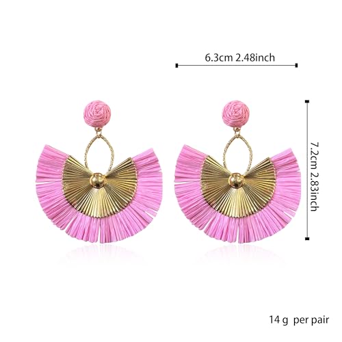Anmpab Straw Fan Bohemian Tassel Earrings for Women Trendy Colorful Fringe Summer Beach Statement Earrings - color: Pink