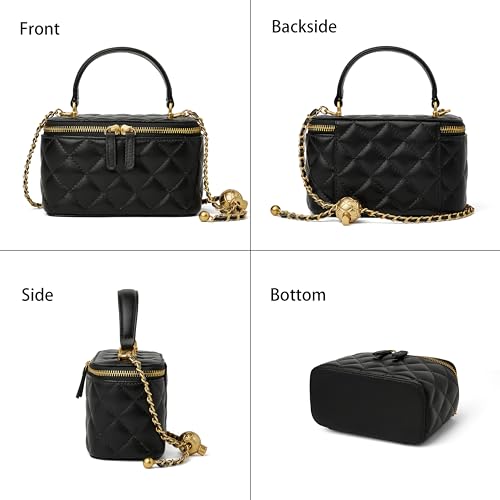 DORIS&JACKY Small Quilted Box Crossbody Purse For Women, Designer Lambskin Leather Mini Top Handle Tote Bag With Chain Strap - color: 1-black