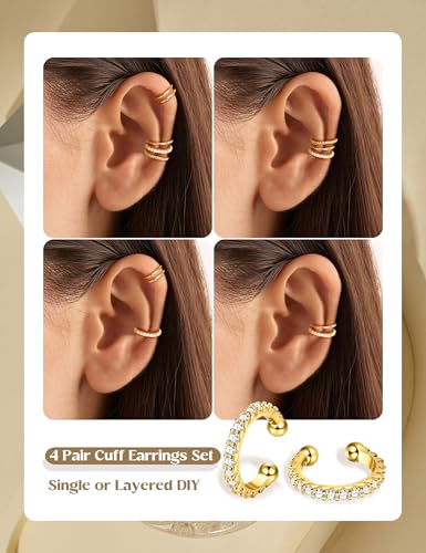 LOLIAS 4 Pairs Ear Cuffs Non Piercing - 14K Gold Plated Ear Cuff Earrings for Women Ear Cuff for Non Pierced Ears Clip on Cartilage Earring Adjustable Fake Earrings Set - style: CZ-14K Gold Plated