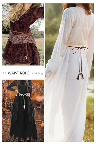 TeeYee Waist Belt Woven Knitted Rope/Chain PU leather 3 Pieces Tassel Rope Skinny Belt - color: 257beigetancoffee