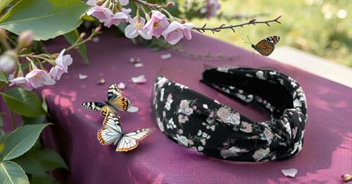 Black Bloom Floral Pattern, Colorful Spring Flower Satin Headbands for Women, Silk Feel, Soft Fabric, Knotted Headband Fashion Designer Top Knot - color: Black Bloom x