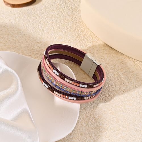 VIBILIA Boho Leather Wrap Bracelets for Women Multi-Layer Bracelets with Strong Clasp Jewelry for Women - color: 03-BohoBraid-Purple