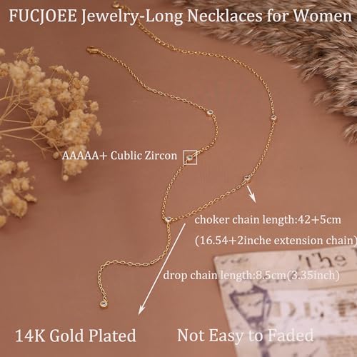 Gold Necklace for Women - Dainty Long Lariat Necklace 14K Gold Plated Clover Star Teardrop CZ Y Shaped Drop Necklaces Cute Long Necklaces for Women Trendy Prom Formal Womens Jewelry - color: Gold-CZ Choker