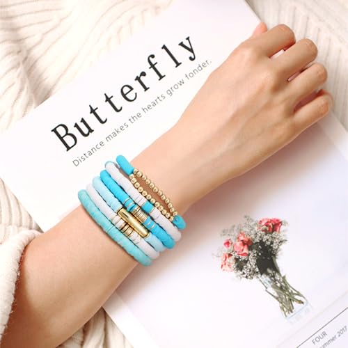 GOOJIDS Surfer Heishi Clay Bead Bracelets for Women Bohemian Stackable Gold Plated Beaded Stretch Bracelets Elastic Layering Friendship Bracelets Set Boho Jewelry - color: B-Blue&White Set