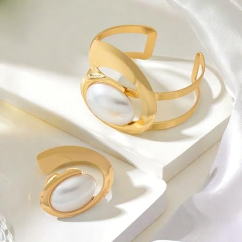 Boho Open Bracelet Ring Set for Women Black and Gold Jewelry Set Oval Cuff Bracelet Adjustable Ring Vintage Jewelry - style: Pearl