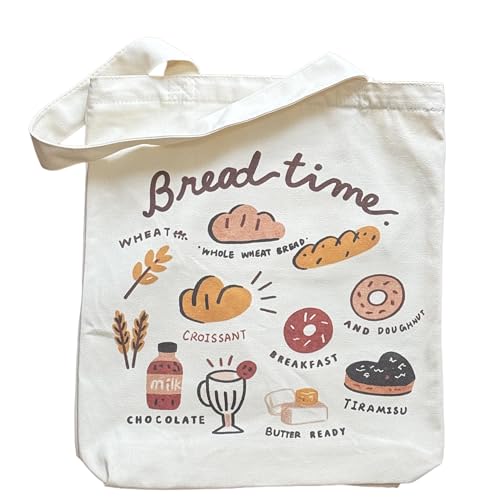 Canvas Tote Bag with Zipper for Women, Aesthetic Tote Bag with Pocket for Vacation, Shopping, Travel, Beach - style: Bread Time